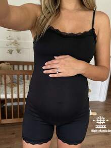 SHEIN 孕妇纯色吊带蕾丝边修身连体裤 - 黑色 - 查看 6