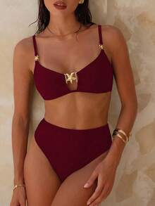 Swim Chiccia 女士纯色金属装饰吊带泳衣套装，适合夏季海滩穿着 - 酒紅色 - 查看 3