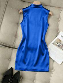 Franclia Fashionable New Glossy Mock Neck Sleeveless Ruched Waist Asymmetric Bodycon Dress For Women - Royal Blue - View 2