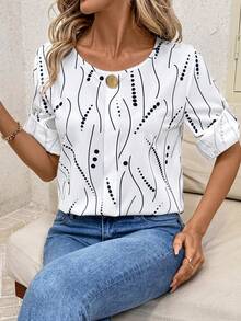 SHEIN Clasi Camisa con botones y estampado para mujer, otoño/invierno - Blanco - Ver 1