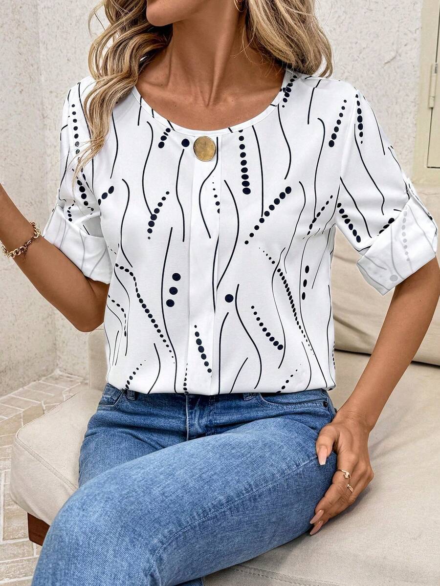 SHEIN Clasi Camisa con botones y estampado para mujer, otoño/invierno - Blanco - Ver 1