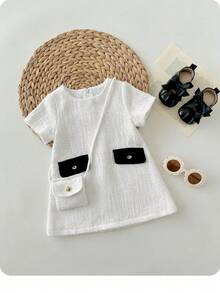 Baby Girl Summer Cute Short Sleeve Tweed Texture Fabric Dress & Crossbody Bag Set - Multicolor - View 4
