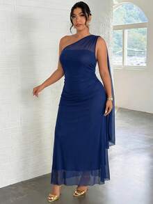 Firerie Zanzea Plus Size Women's Navy Blue Summer Elegant Cocktail Maxi Dress,Curve Asymmetrical Shoulder Bodycon Fashion Commuter Party Wedding - Navy Blue - View 4