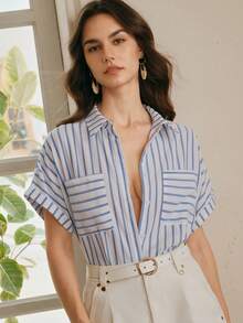 Anewsta Essential Women's Elegant Blue And White Striped Casual Short Sleeve Shirt, Suitable For Office And Vacation Wear - Blue - View 5