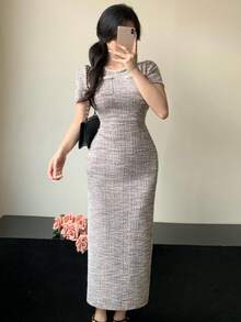 DAZY 女士优雅串珠装饰修身中长连衣裙，夏季女士连衣裙 - 粉色 - 查看 6