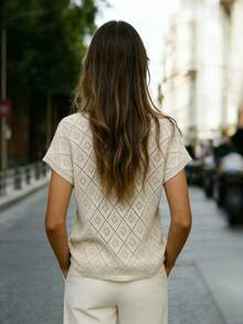 Ellegaria. Áo dệt kim tay ngắn cổ chữ V dáng rộng, kiểu dáng nghỉ dưỡng, thiết kế khoét hình thoi, buộc dây phía trước, màu mơ, thích hợp cho mùa xuân/hè. - Màu be - Xem 2