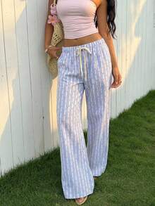 CovetEZ Women's Casual Loose Striped Wide Leg Pants - Yellow - View 6