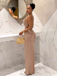 Slaydiva 夏季新品：生日派对、返校季、学院风、学生装、休闲外出、百搭基础款、休闲、度假、邮轮旅行、海滩、海边、日光浴、街头风、性感优雅、露背荷叶边吊带背心、中长裙、卡其色女士两件套 - A - 粉色 - 查看 2