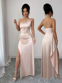 Selianne Vestido de noche largo y sexy para mujer con un hombro, cintura fruncida y abertura alta, de satén de lujo, nuevo para el verano de 2026 - Champán - Ver 4