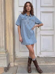 SHEIN EZwear Đầm nữ dáng rộng thoải mái, đầm tay ngắn, đầm mặc ngoài trời, đầm xuân hè, đầm cổ bẻ, đầm thường ngày kiểu Mỹ, đầm đi nghỉ mát. - màu đen - Xem 8