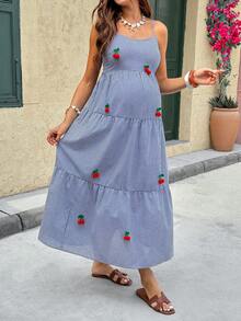 SHEIN Đầm bầu kẻ caro dáng rộng, hở lưng, thắt dây, thích hợp cho mùa hè - Màu xanh lam - Xem 6