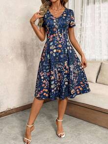 SHEIN Clasi Đầm nữ cổ chữ V cài cúc, chấm bi đỏ, thắt eo, thích hợp cho mùa xuân, ngày Valentine. - Nhiều màu - Xem 6