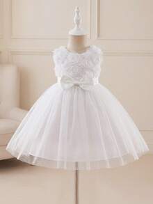 Glamorique Kids 女婴优雅可爱立体花朵无袖蝴蝶结薄纱蓬蓬裙，适合派对、婚礼、婚礼、白色薄纱、派对、花童、女婴、白色婴儿连衣裙 - 白色 - 查看 2