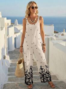 SHEIN LUNE Bộ áo liền quần nữ in họa tiết tối giản, phong cách thường ngày, đa năng cho kỳ nghỉ, phù hợp cho mùa hè. - trắng - Xem 4