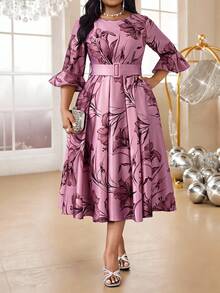 Fleurora Spring And Summer Autumn And Winter Elegant Party Evening Wedding Cocktail Party Wedding Purple Belted Bell Sleeve A Line Dress Plus Size Co-Ords Fall - Multicolor - View 8
