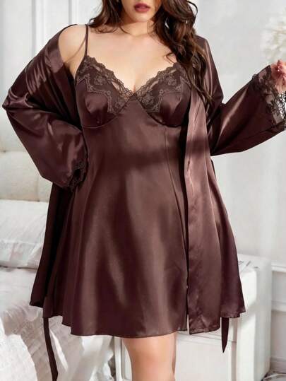 SilkySpell Ensemble de pyjama en satin 2 pièces, nuisette grande taille à encolure en V avec garniture brodée et robe de chambre à manches longues