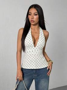 SHEIN PETITE Deep V-Neck Backless Polka Dot Camisole With Waist Cinching A-Line Hem,Summer Top - White - View 7