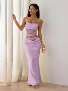 SHEIN PETITE 女士夏季蕾丝拼接透视两件套露背上衣+长裙性感优雅节日装扮情人节约会装扮音乐节宴会轻薄连衣裙适合秋冬季内衣穿着 - 淡紫色 - 查看 6