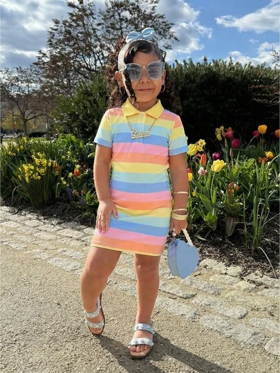 SHEIN 少女时尚休闲甜美可爱彩虹条纹polo领连衣裙，舒适百搭的日常迷你连衣裙