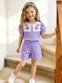 Genkimix Kids 少女休闲时尚学院风白色蕾丝领针织短袖上衣搭配梭织绉纱面料两件套，青春可爱紫色假日套装 - 紫色 - 查看 4