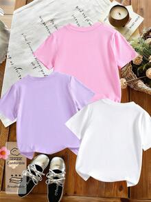 3pcs/Set Young Girls Casual K-POP Girl Group Bow Print Round Neck Short Sleeve White, Pink, Purple T-Shirts, Fashionable & Cute Girls Summer Tops With Bow & Letter Elements - Pink - View 2