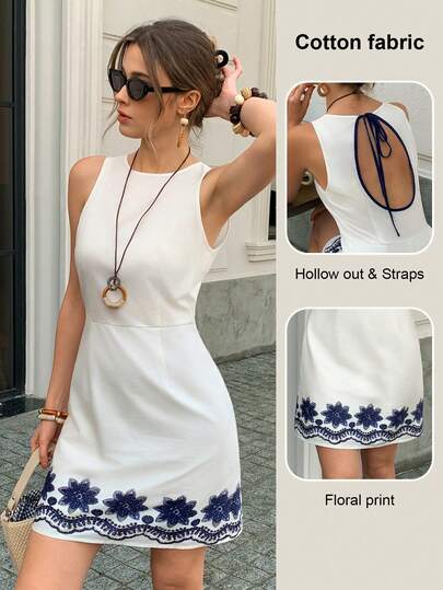 Elyressa Women's Contrast Trim Blue Floral Print Round Neck Sleeveless Backless Tie-Up Waist A-Line Vacation Dress