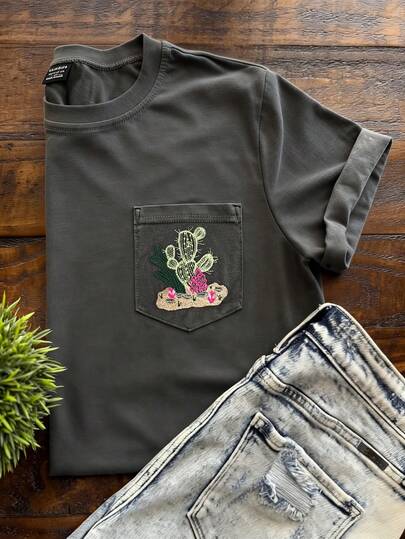 Camiseta de algodón vintage, diseño de bolsillo bordado con cactus del desierto, top casual de manga corta para verano, camiseta diaria para mujer