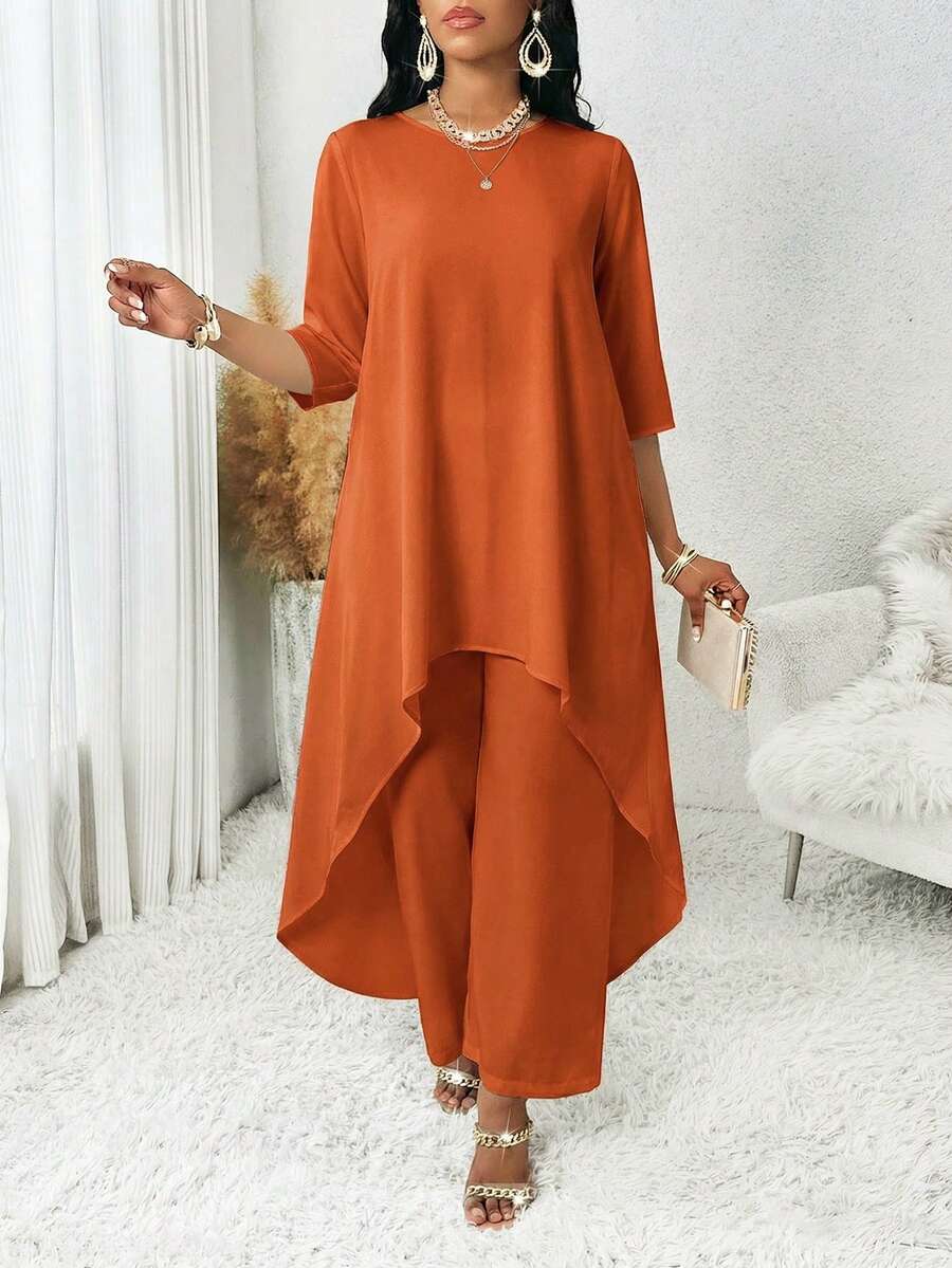 SHEIN Lady 焦橙色夏季優雅茶會女款兩件套長袖不對稱上衣與長褲套裝,秋季婚禮活動辦公室穿搭 - 橘色 - 查看 1
