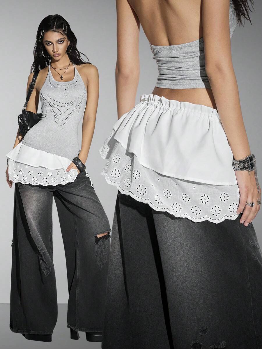 Bloopia 女士荷叶边腰带褶边时尚A字裙 - 白色 - 查看 1