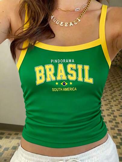 SHEIN 1 pieza Camiseta de tirantes para niñas preadolescentes, camisola de color contrastante retro, colorway clásico amarillo-verde, vibrante y enérgico, tela amigable con la piel, silueta recortada que alarga la cintura, estampado de letras vintage que aporta un ambiente casual estadounidense, adecuado para uso diario de verano, vacaciones, salidas, lleno de vitalidad.