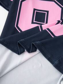 SHEIN 两件套休闲时尚少女数字图案圆领短袖上衣和阔腿运动裤套装 - 彩色 - 查看 6