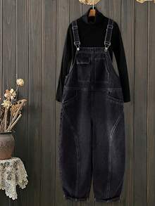 EMERY ROSE Women's Wide Leg Denim Overalls - Black - View 1
