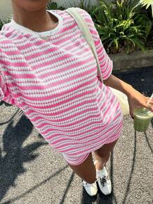 Muchica Plus Size Contrast Color Striped Print Round Neck Short Sleeve Top And Shorts Casual 2-Piece Set - Baby Pink - View 3