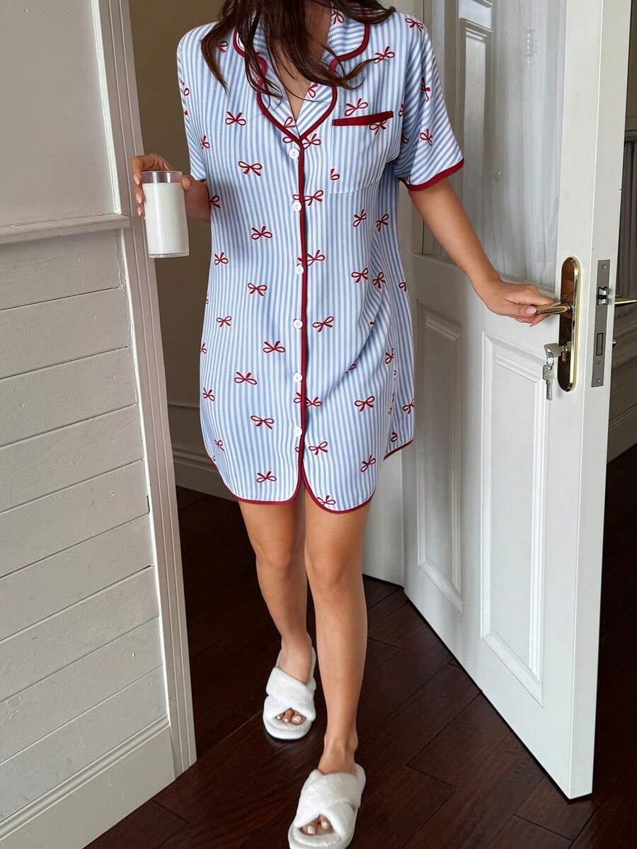 Napfluff 女士撞色滚边蝴蝶结条纹印花翻领宽松短袖睡裙 - 藍色 - 查看 1