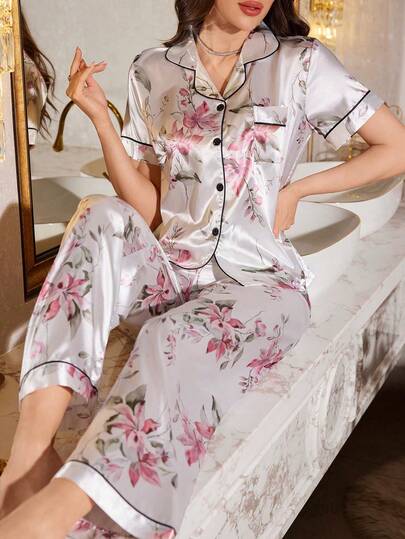 LuxeNights Floral Print Faux Silk Notch Collar Short Sleeve Top & Pants Pajama Set