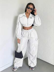 Alexandranx 秋冬字母拼接撞色滚边短款黑色夹克 - 白色 - 查看 5