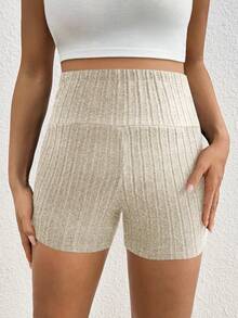 SHEIN Quần short gân cạp cao có thể điều chỉnh màu trơn cho bà bầu - Màu be - Xem 5