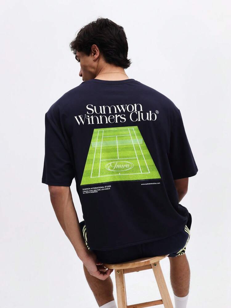 Men's Box Fit Graphic Tennis Court Print Short Sleeve Crew Neck T-Shirt