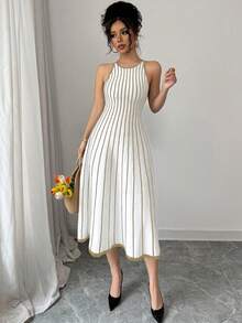 Franclia New Vintage Striped Patchwork Contrast Color Round Neck Sleeveless Knitted Dress For Women - Apricot - View 9