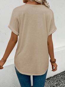 EMERY ROSE New Fashion Casual Versatile V-Neck Printed Short Sleeve T-Shirt For Women - Khaki - View 2