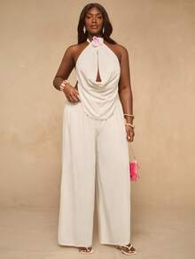 SHEIN BAE Plus Size Women's White Summer Tropical Beach Holiday Set,Solid Chiffon Halter Neck Top And Wide-Leg Pants 2 Pieces Set,Elegant Floral 3D Decor Suit - White - View 3