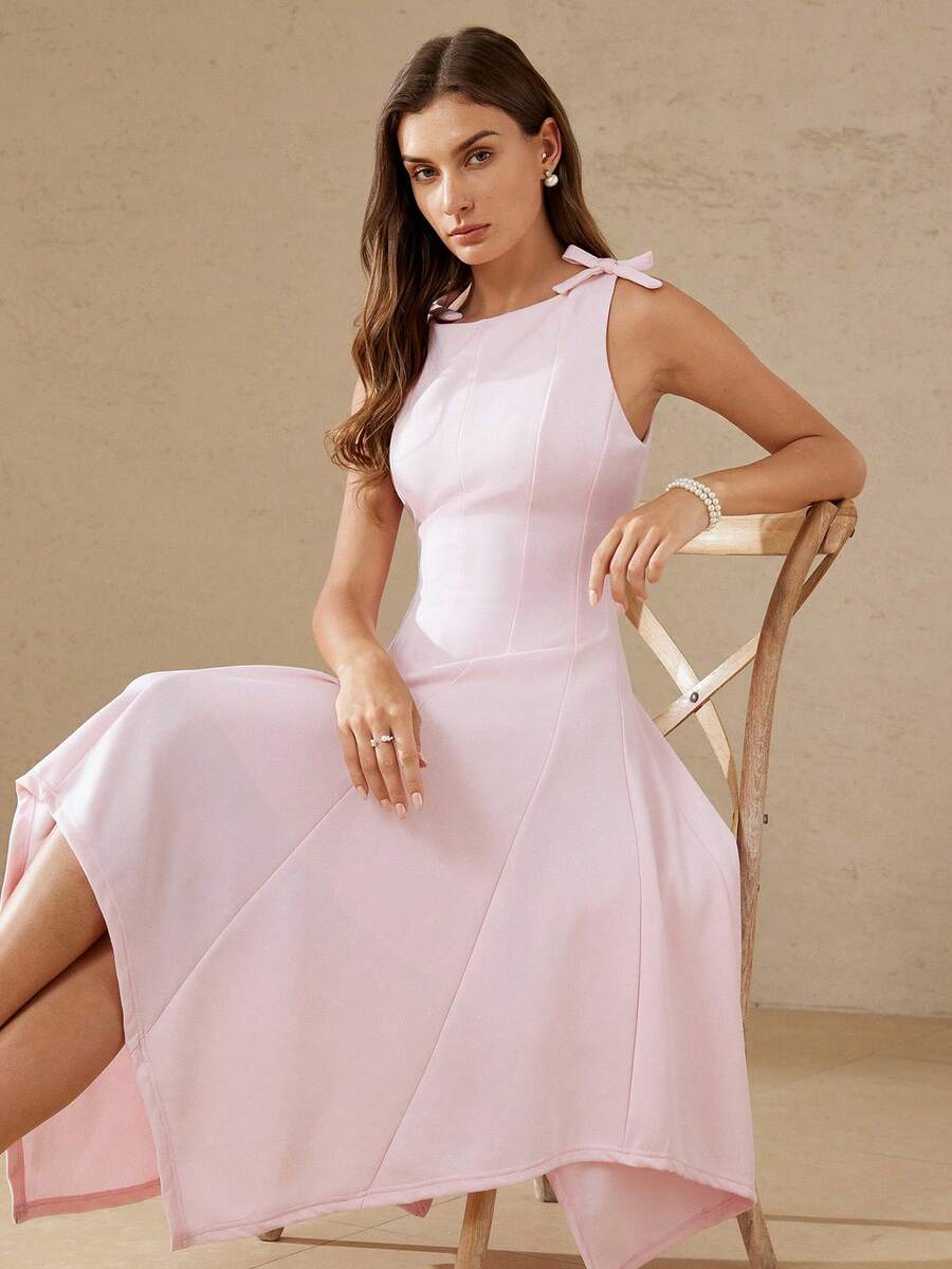 Aveloria Rosie Đầm maxi dáng bất đối xứng sang trọng, thanh lịch kiểu Pháp hiện đại với nơ trang trí, chất liệu vải dệt kim, ôm eo, không tay, màu trơn cổ điển, tối giản, thích hợp cho hẹn hò, đi làm, dự tiệc tối, du lịch, lễ hội âm nhạc và các dịp khác. - Hồng - Xem 1