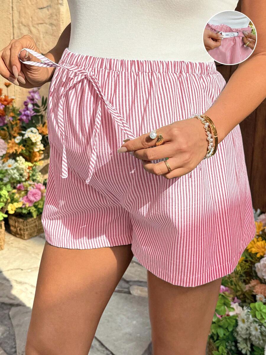 Lyckli Maternity Tie-Waist Striped Casual Shorts - Baby Pink - View 1