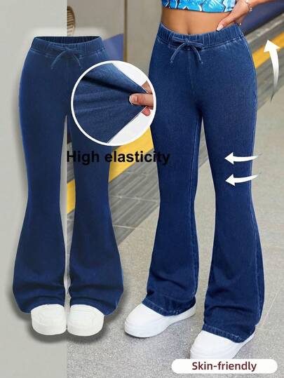 SHEIN Pantalones vaqueros de punto elásticos acampanados de color azul oscuro con estilo vintage y casual Y2K para ropa de adolescentes, atuendos diarios y de primavera a verano, atuendos de rave y festivales, y ropa de calle para adolescentes