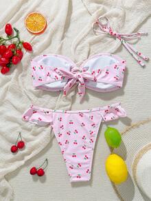 Swim Mod Bộ bikini nữ mùa hè 2026 mới, kiểu cổ yếm họa tiết hoa anh đào xếp nếp, gợi cảm cho kỳ nghỉ biển. - Hồng - Xem 2