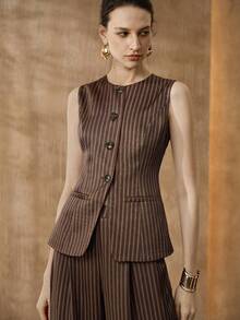 Arave Women's Sleeveless Striped Round Neck Fitted Vest With Faux Pockets And Waist Design, Suitable For Daily Commute - Camel - View 4