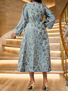 Fleurora Đầm suông cổ tròn tay đèn lồng họa tiết hoa jacquard cỡ lớn thanh lịch dành cho nữ - Vàng - Xem 3