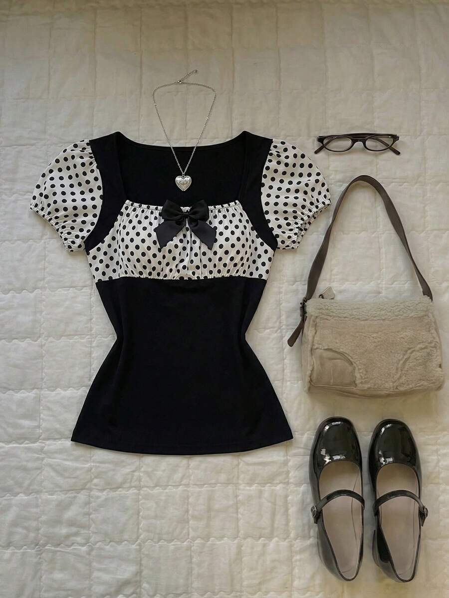 Flirla Women's Casual Minimalist Black & White Polka Dot Bowknot Fitted Short Sleeve T-Shirt, Summer - Black and White - View 1