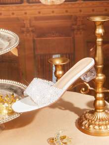 CUCCOO TILAWA Women's Fashion Crystal Glass Rhinestone Decorated High Heel Sandals For Outdoor Events And Parties, Spring Shoes, Spring Break Easter Prom Heels Summer Shoes - White - View 3