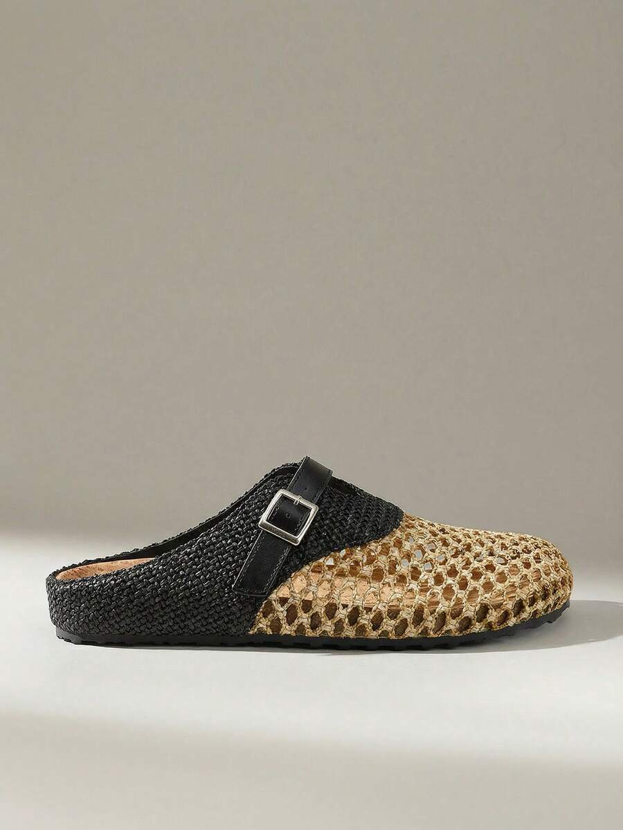 Solecia Women Shoes Spring And Summer New Woven Mat Net, Splicing With Decoration, Round Toe Design, Slip-On Heel, Comfortable And Simple Vacation, Women's Flat Shoes, Essential For Commuting, Casual Versatile, Dating Travel, Afternoon Tea - Black - View 1